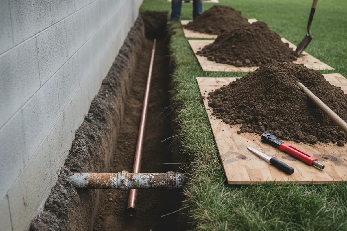 Excavated water line trench during Sewer Line Repair in Charlotte Hall